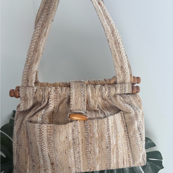 Vintage Handmade Tweed‎ Wool Wood Tote Shoulder Bag - Picture 7 of 16